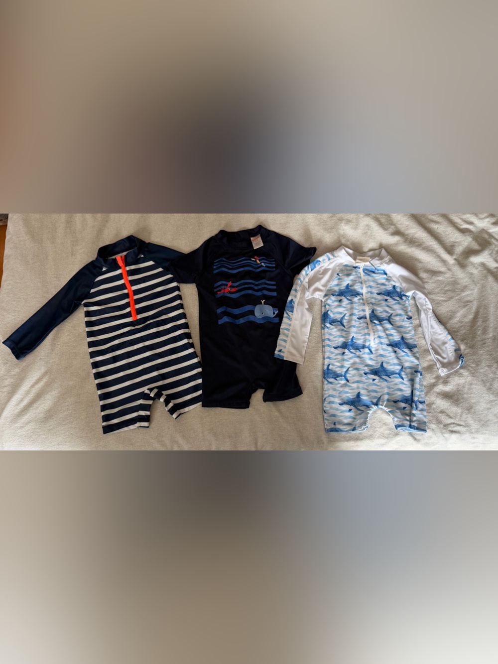 Carter's Navy and White Striped & Shark Print Swim Rompers Set